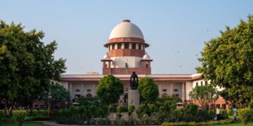 “Supreme Court of India building with overlay text: ‘Games of Skill or Chance? Government tells SC stakes turn skill games into gambling’”