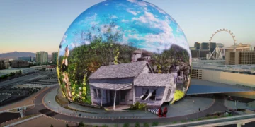 “Crowd at the Las Vegas Sphere enjoying immersive Wizard of Oz showing with wind and visual effects.”